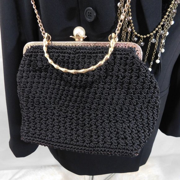 Vintage Handbags - Vintage Black Crochet purse bag with Pearl Clasp Crossbody